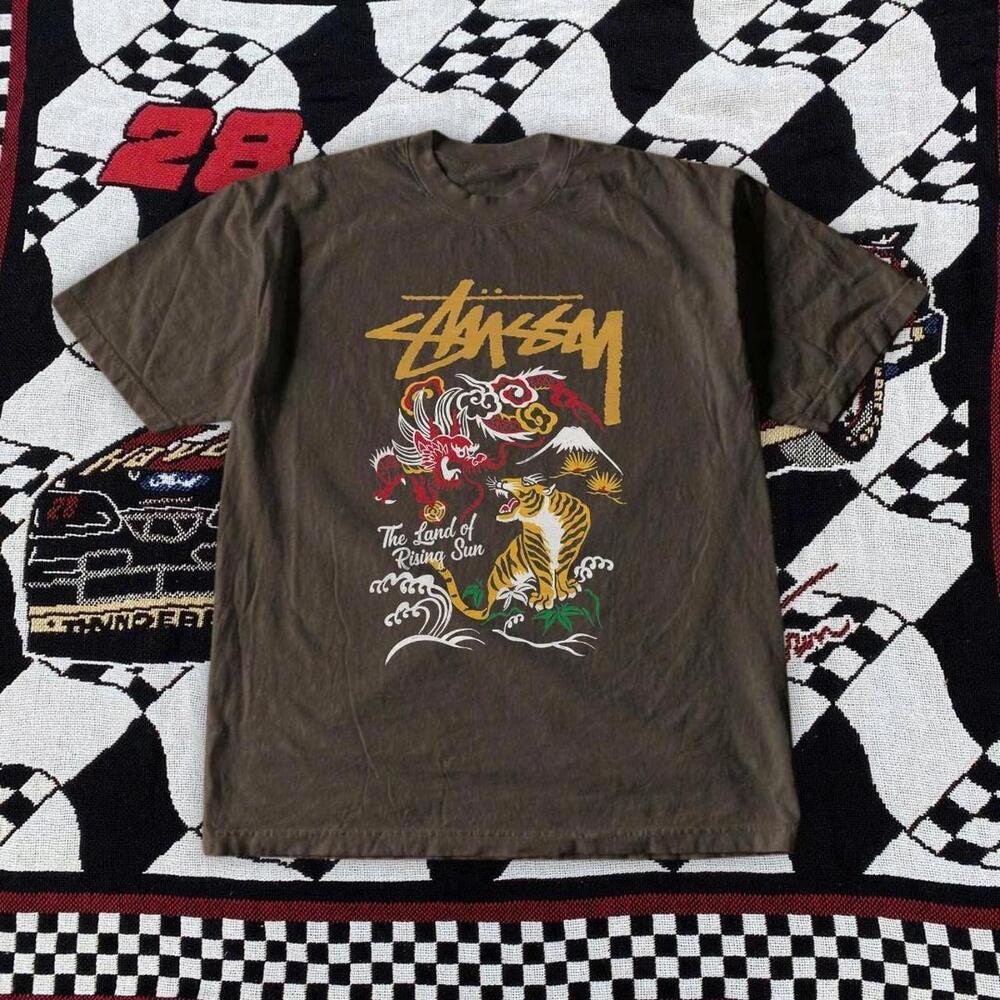 Brown StSsy Graphic Tee With Tiger And Wave Design